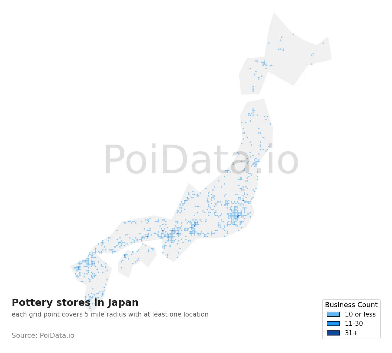 Pottery store density map for Japan