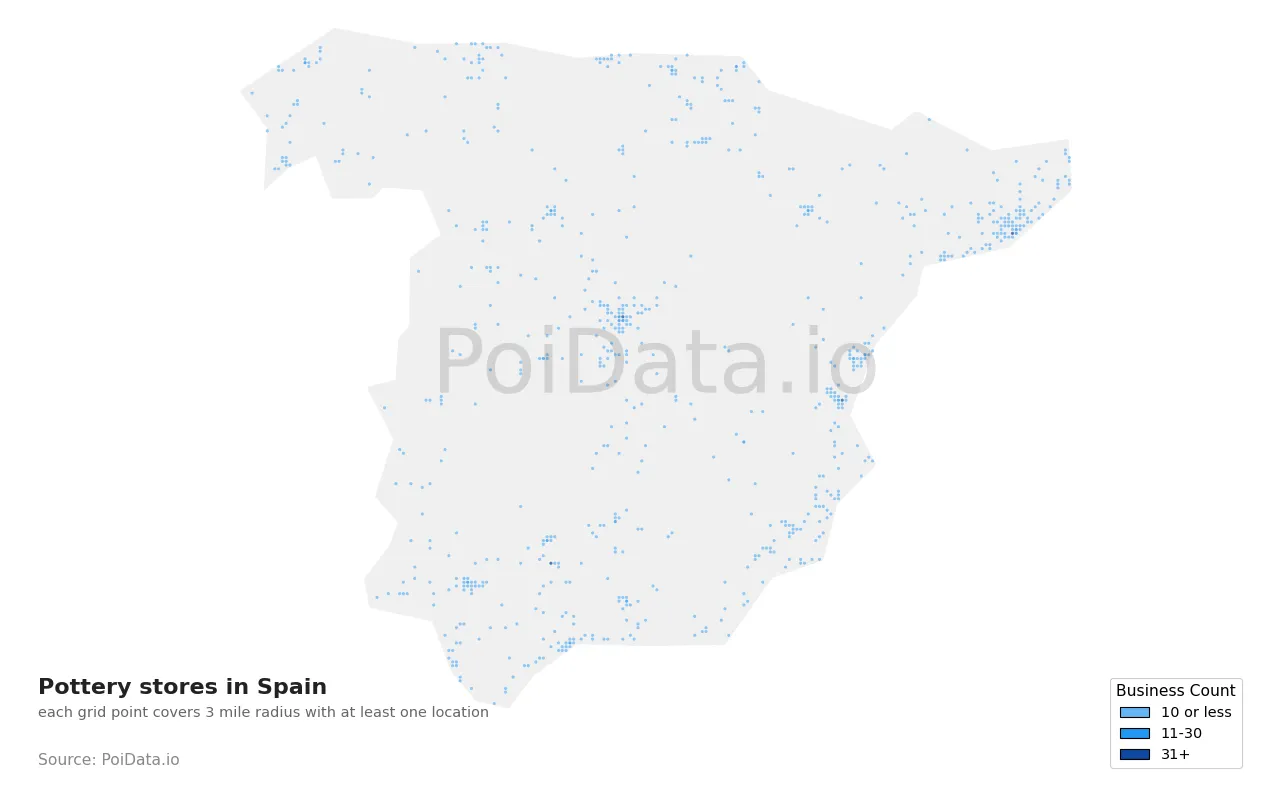 Pottery store density map for Spain