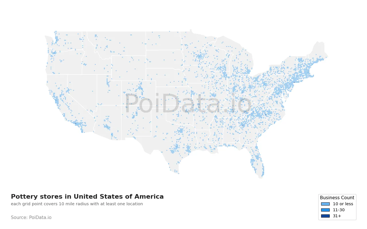 Pottery store density map for United States