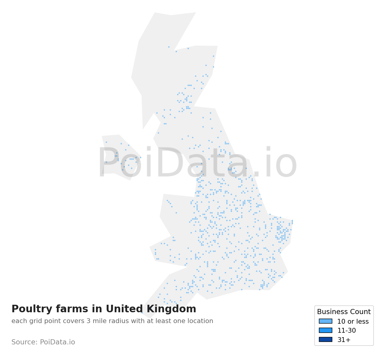 Poultry farm density map for United Kingdom