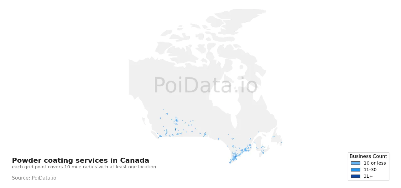 Powder coating service density map for Canada