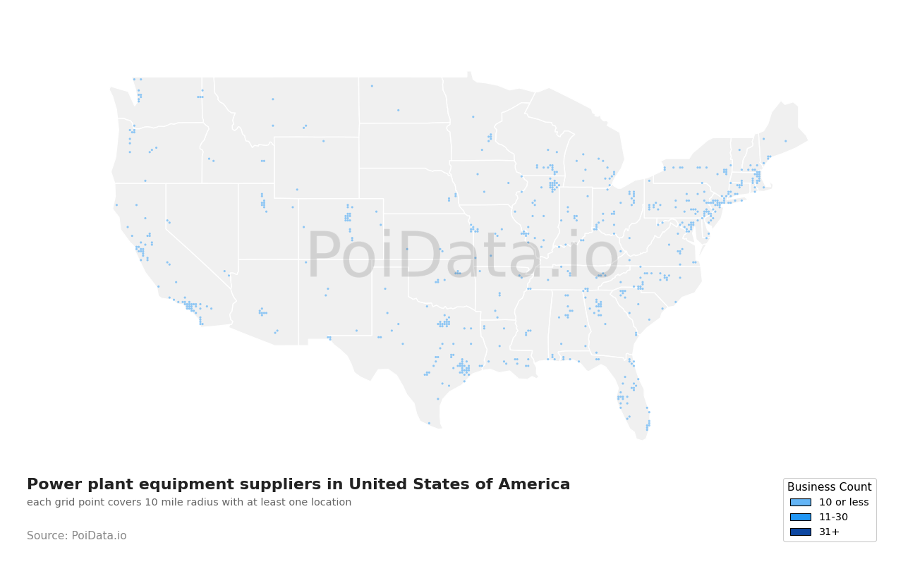 Power plant equipment supplier density map for California, United States