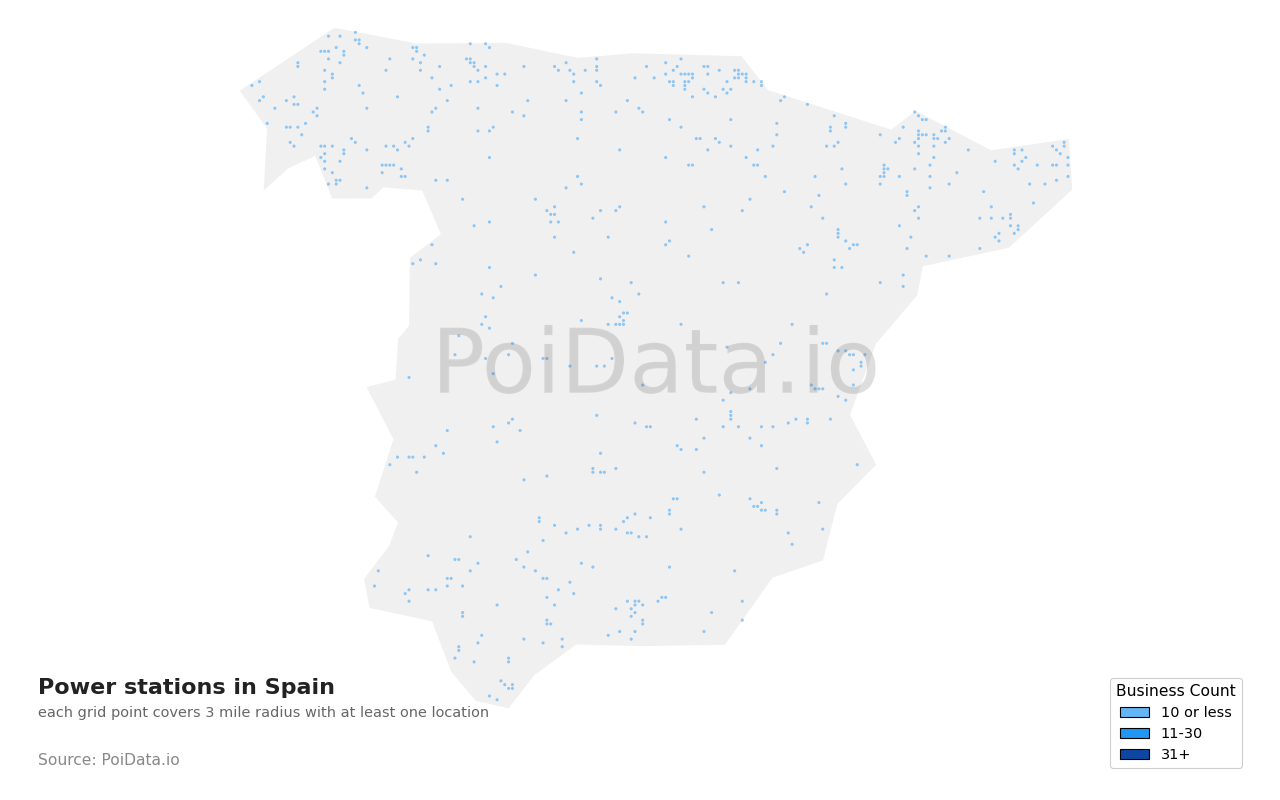 Power station density map for Spain