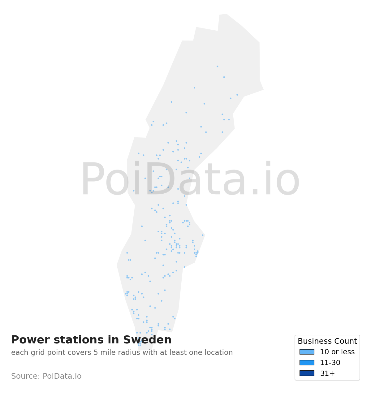 Power station density map for Sweden