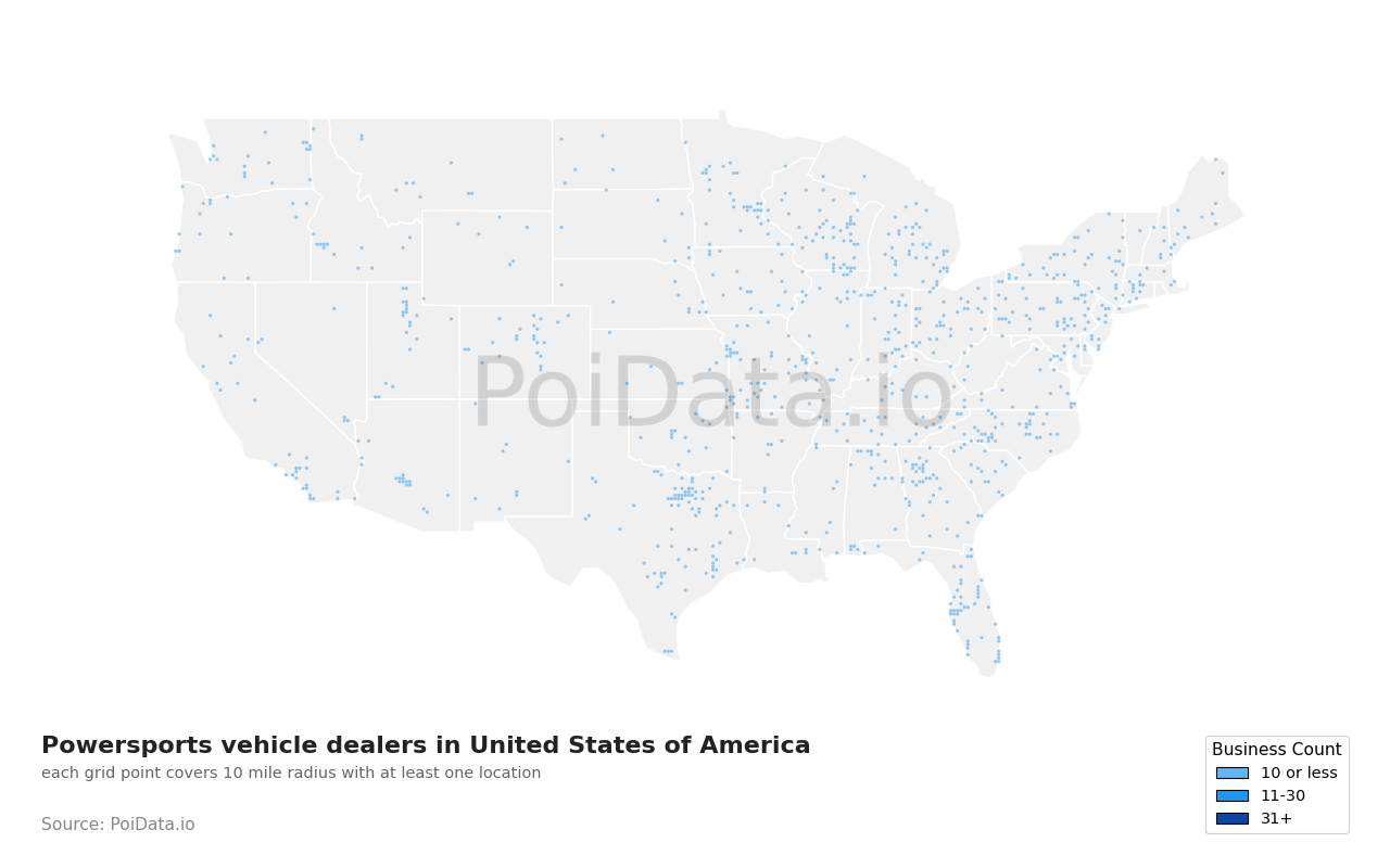 Powersports vehicle dealer density map for United States