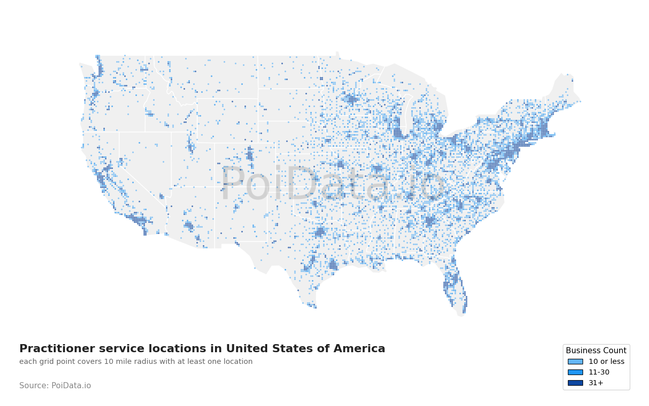 Practitioner service location density map for United States