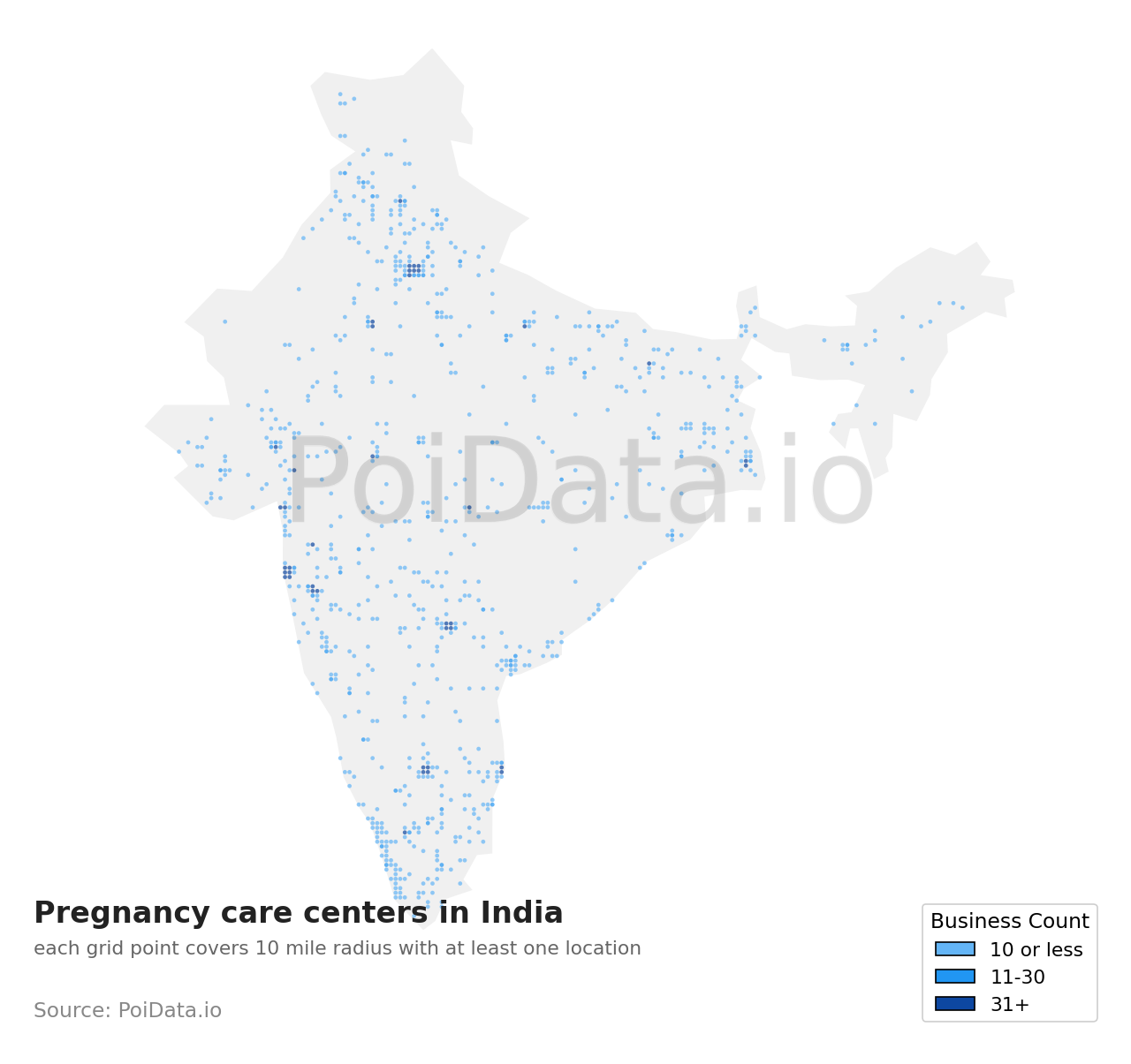 Pregnancy care center density map for India