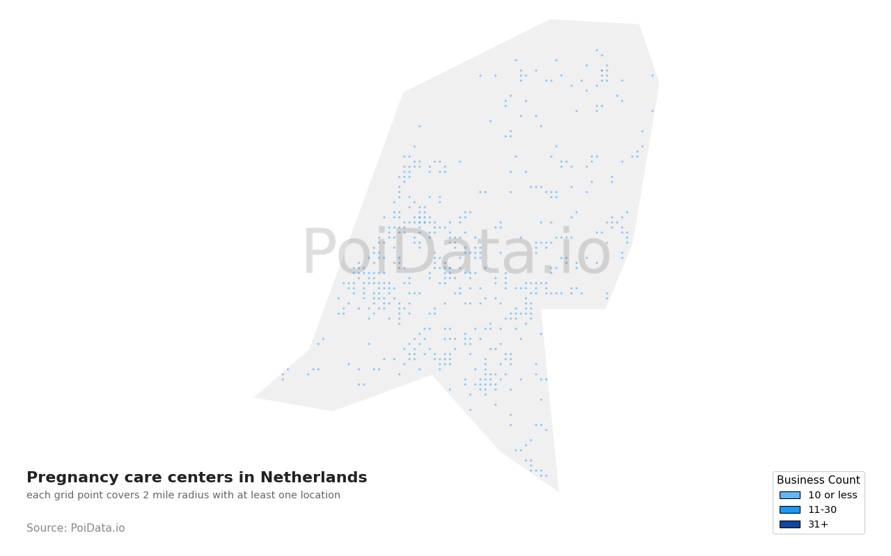 Pregnancy care center density map for Netherlands