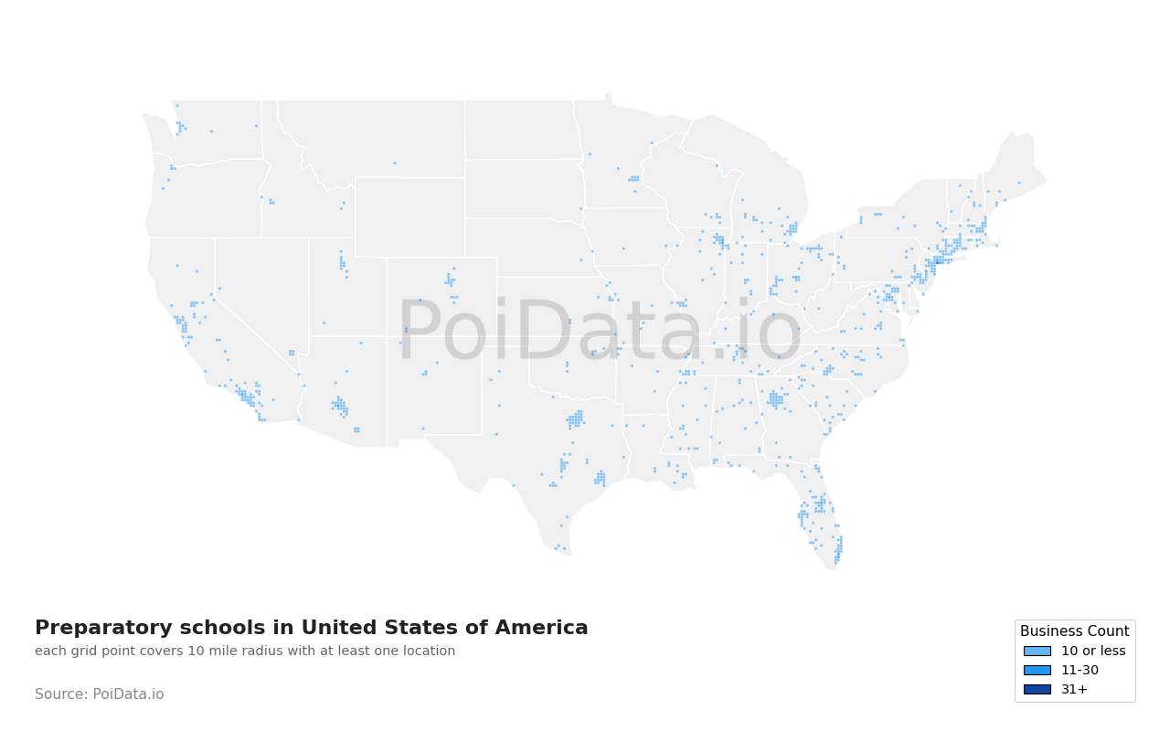 Preparatory school density map for United States