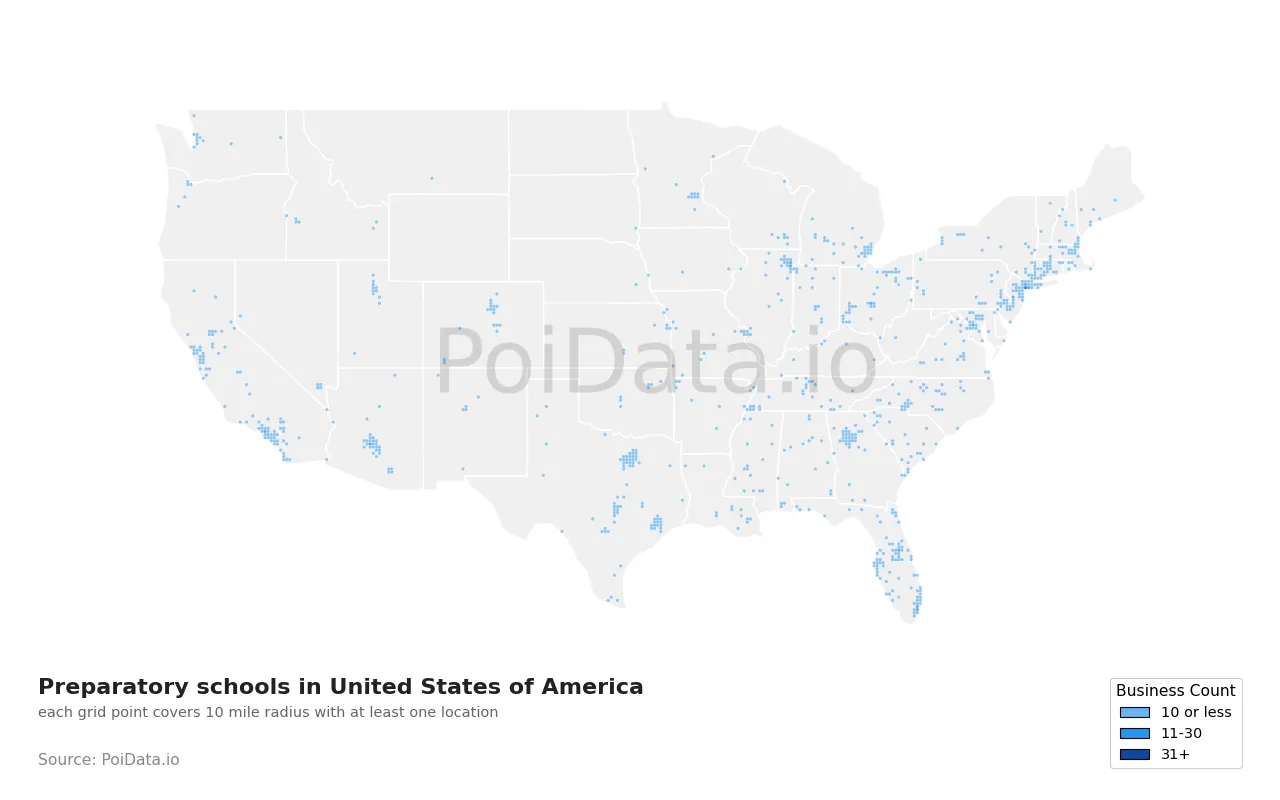 Preparatory school density map for United States