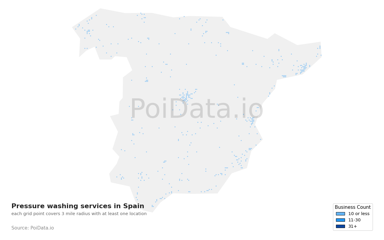 Pressure washing service density map for Spain