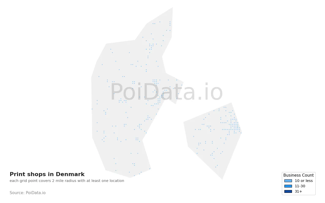 Print shop density map for Denmark