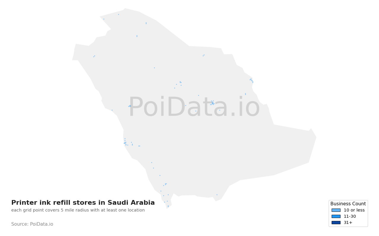 Printer ink refill store density map for Saudi Arabia