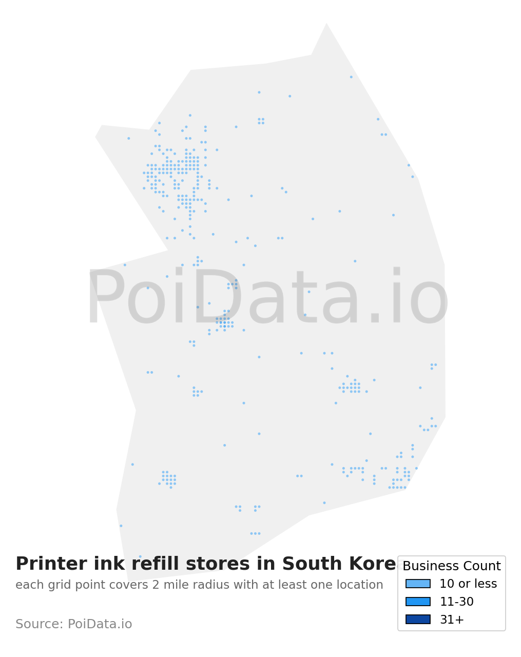 Printer ink refill store density map for South Korea