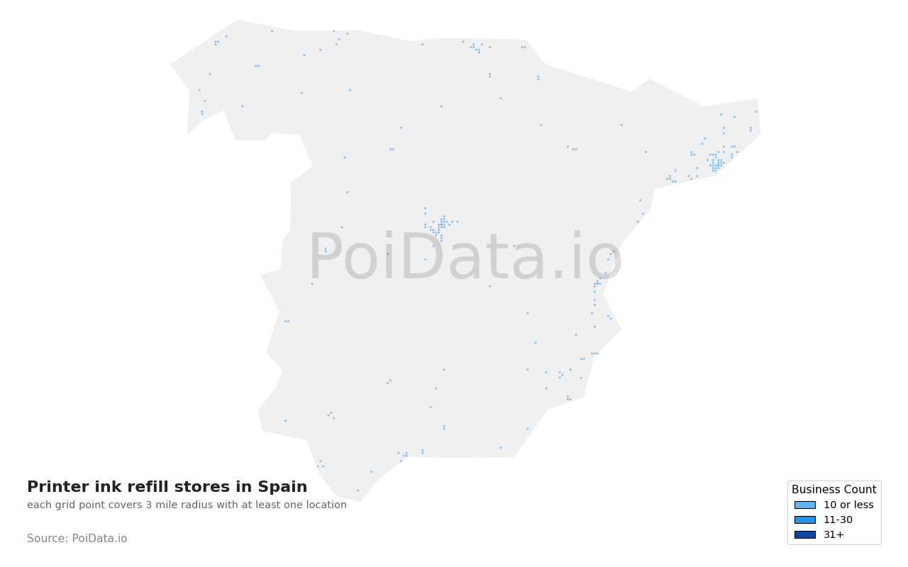 Printer ink refill store density map for Spain