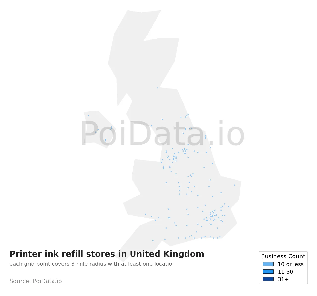 Printer ink refill store density map for United Kingdom