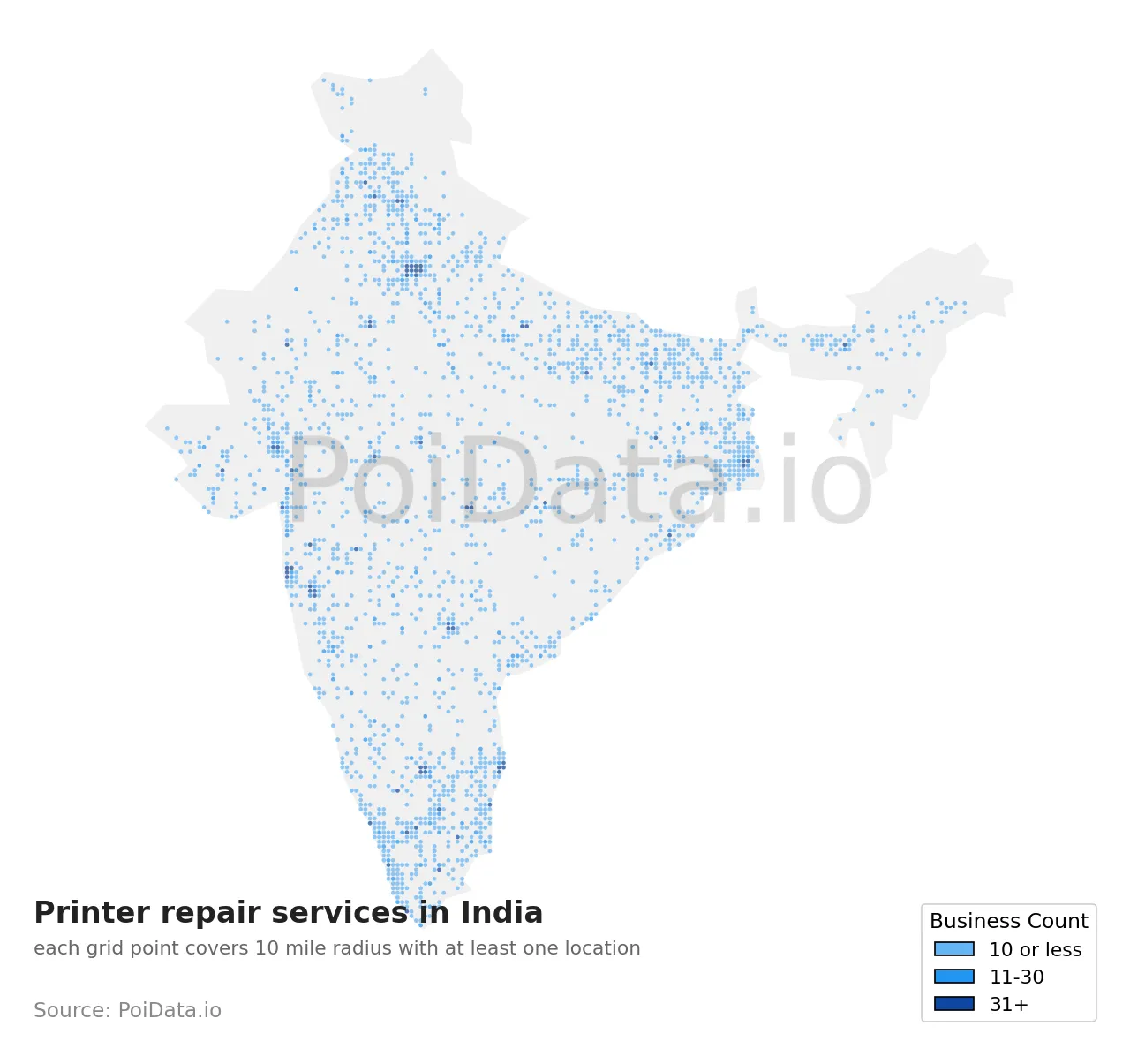 Printer repair service density map for India