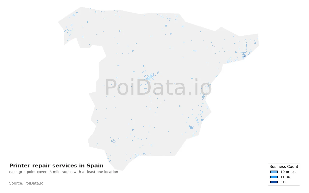 Printer repair service density map for Spain