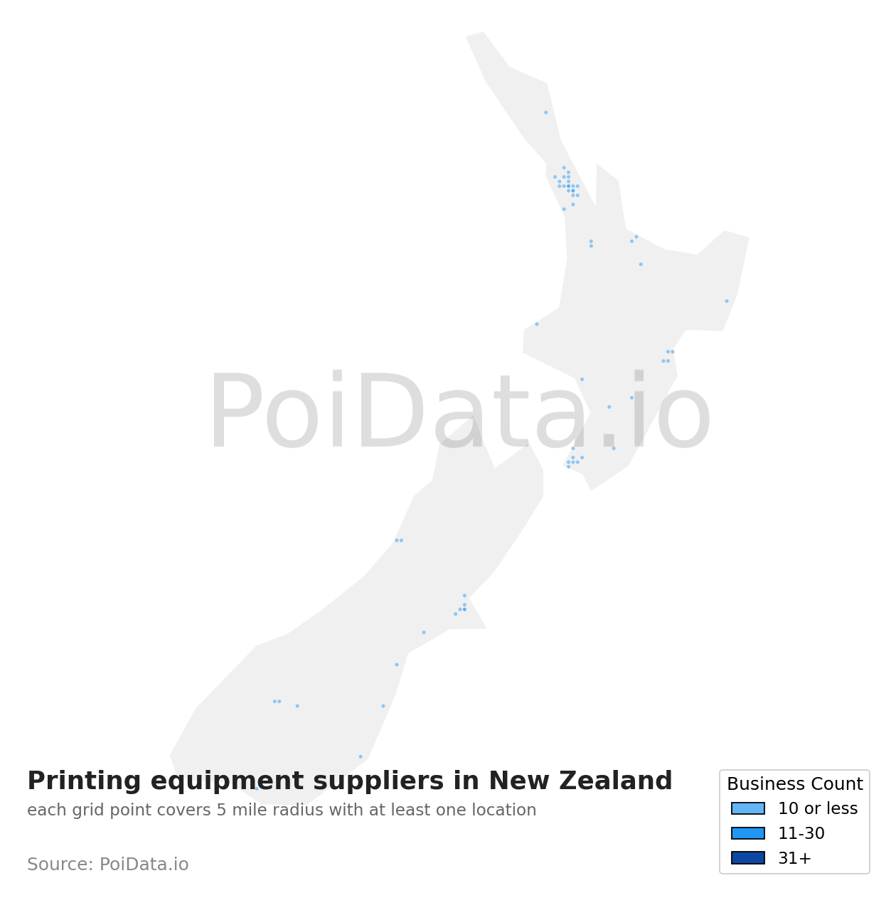 Printing equipment supplier density map for New Zealand