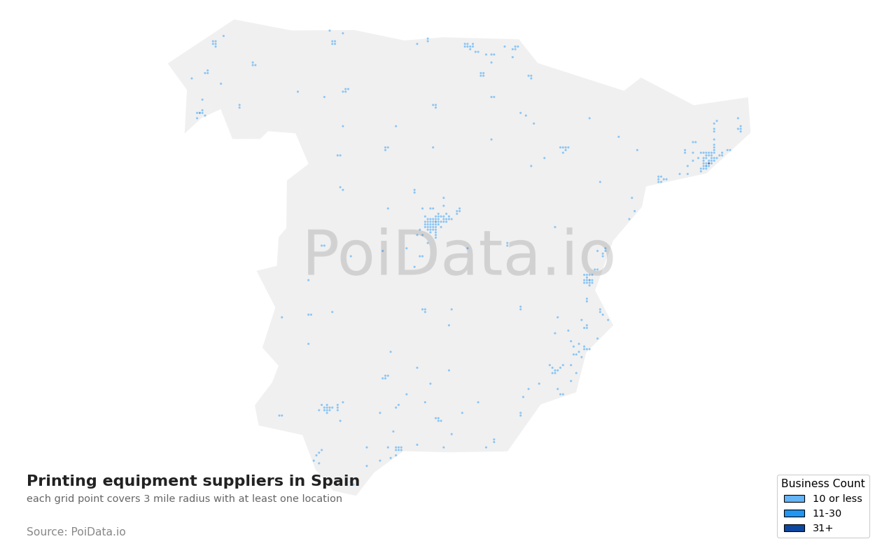 Printing equipment supplier density map for Spain