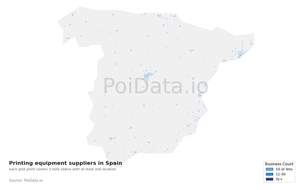 Printing equipment supplier density map for Spain