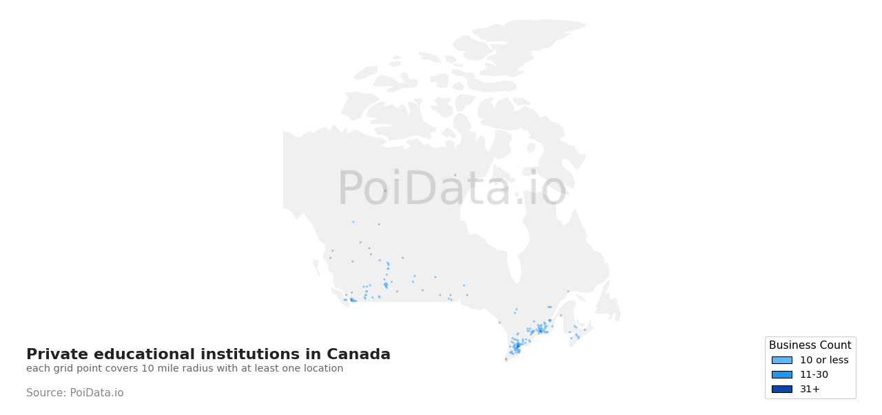 Private educational institution density map for Quebec, Canada