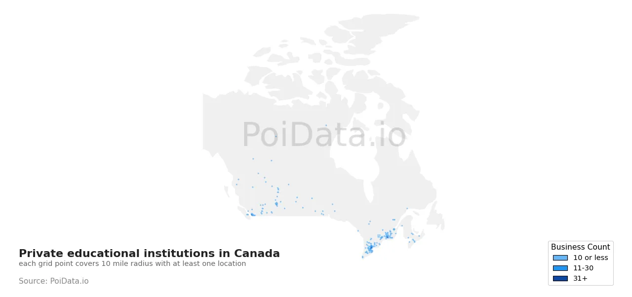 Private educational institution density map for Canada