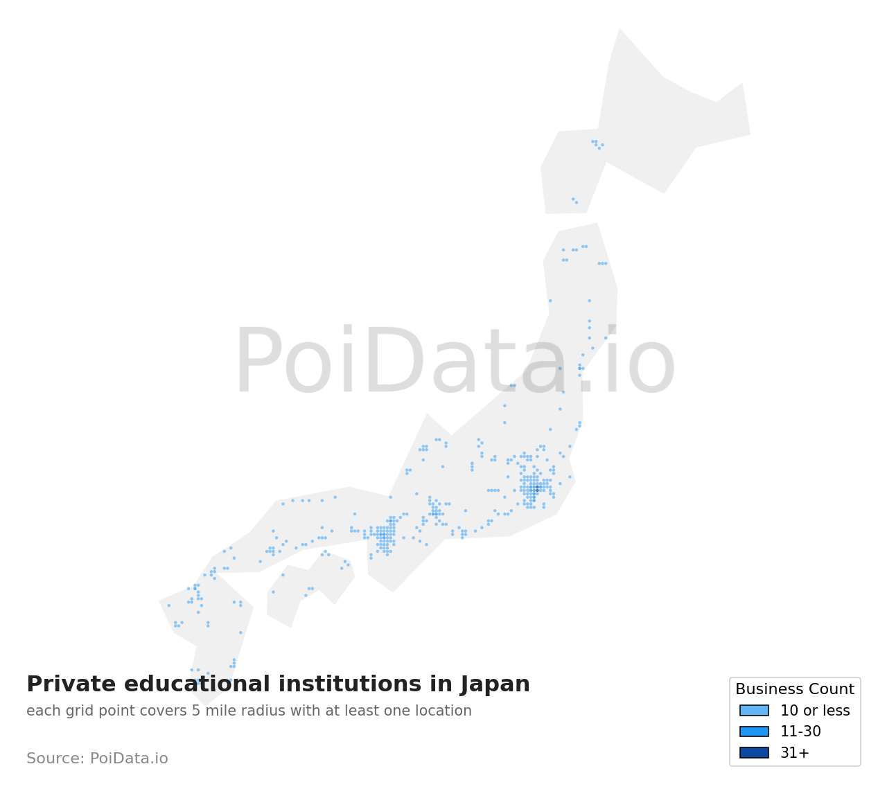 Private educational institution density map for Japan