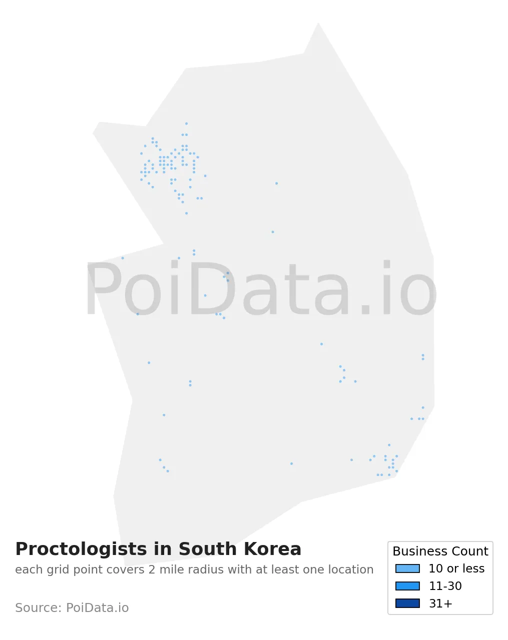 Proctologist density map for South Korea