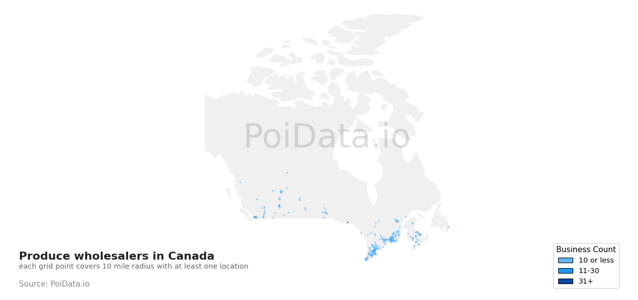 Produce wholesaler density map for Canada