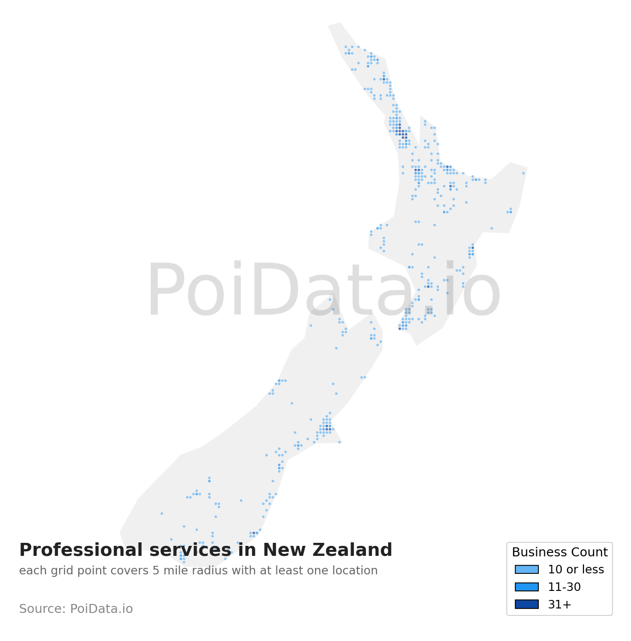 Professional services density map for New Zealand