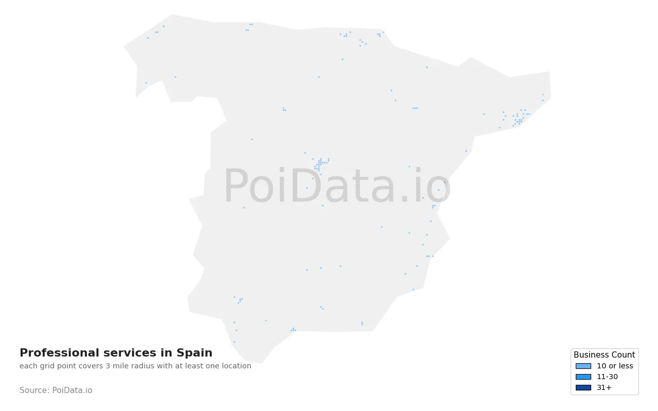 Professional services density map for Spain