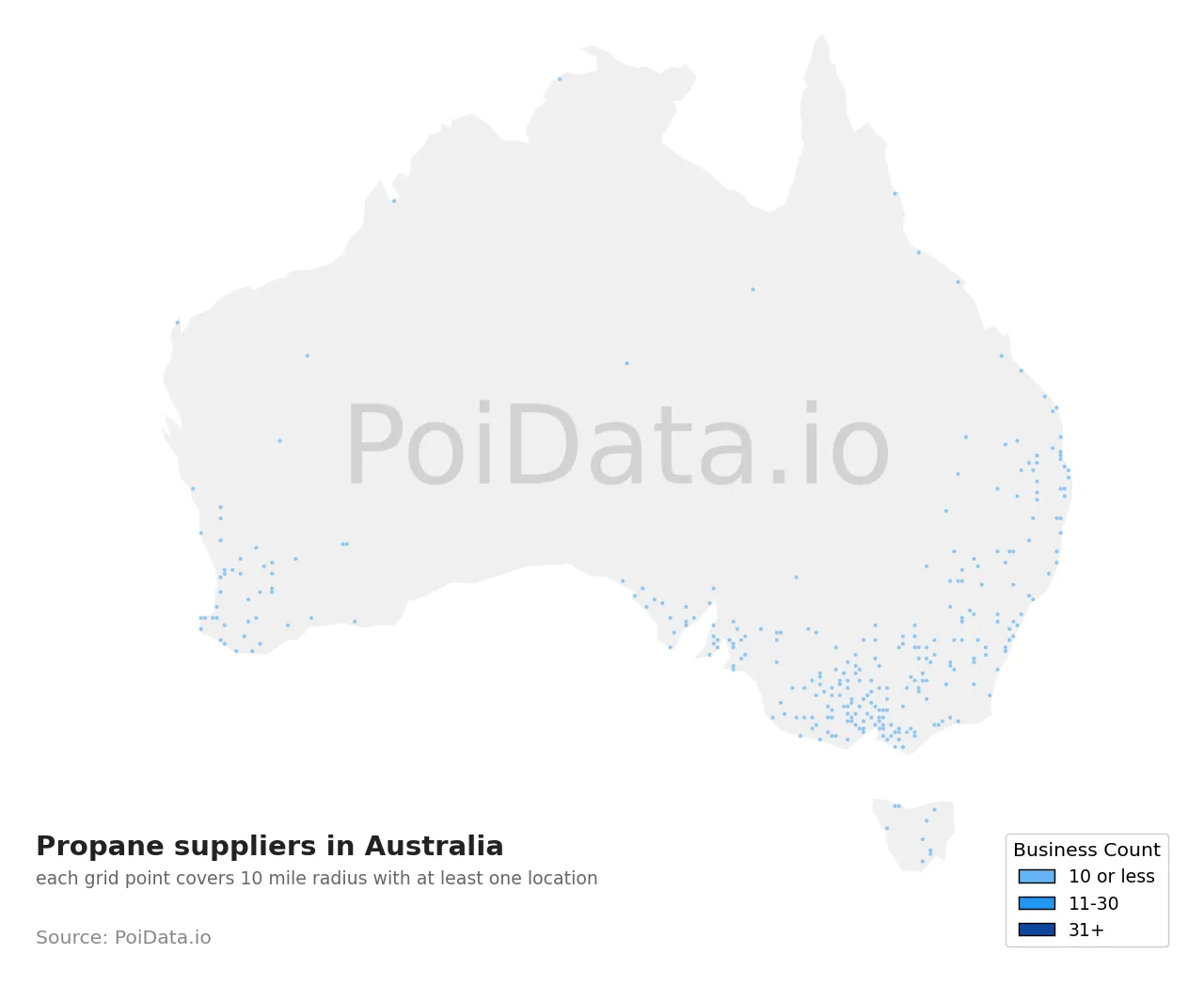 Propane supplier density map for Australia