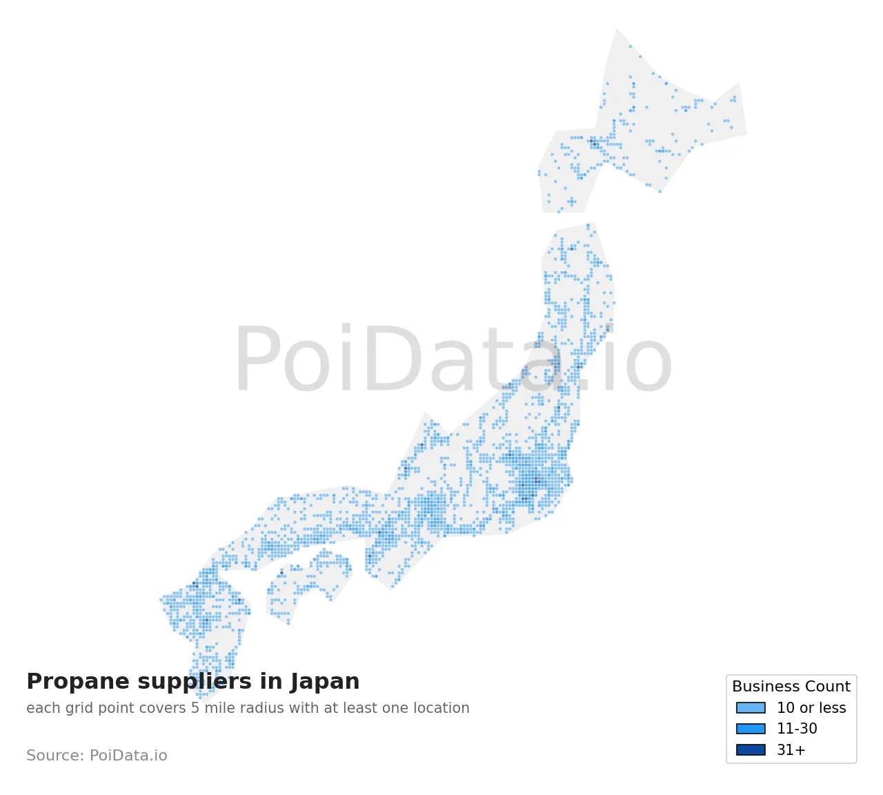 Propane supplier density map for Japan