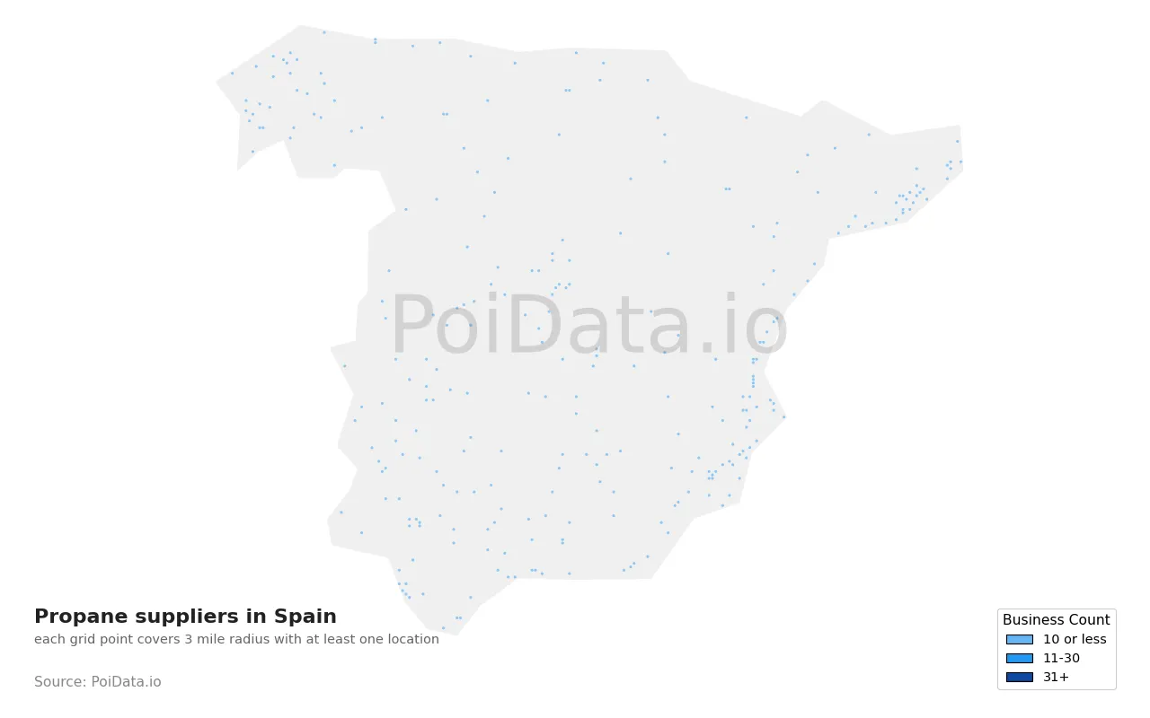 Propane supplier density map for Spain