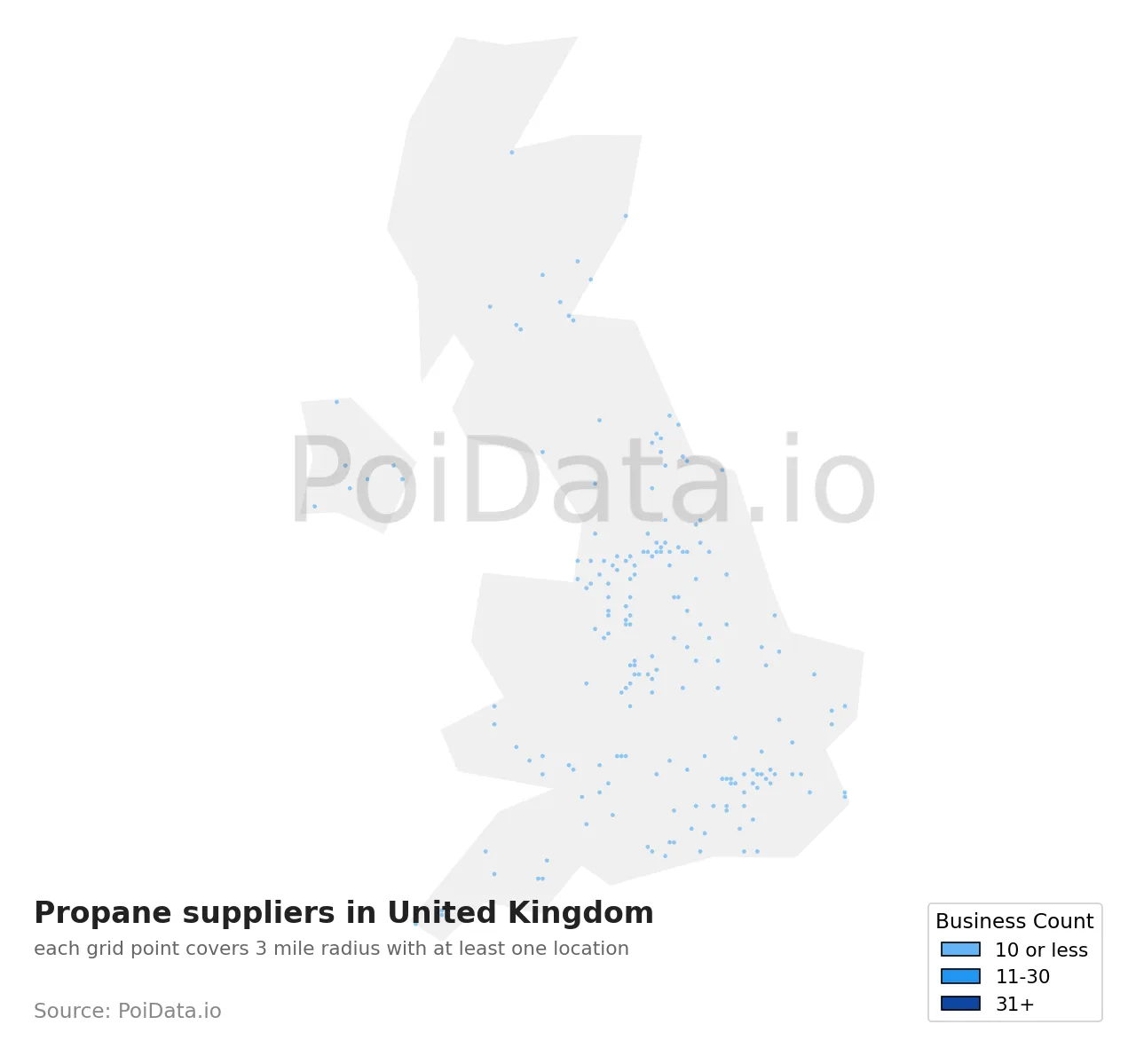 Propane supplier density map for United Kingdom