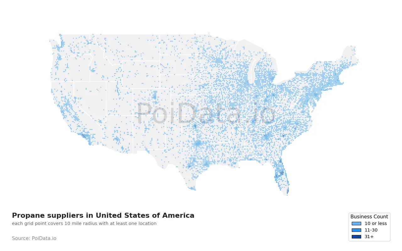 Propane supplier density map for United States
