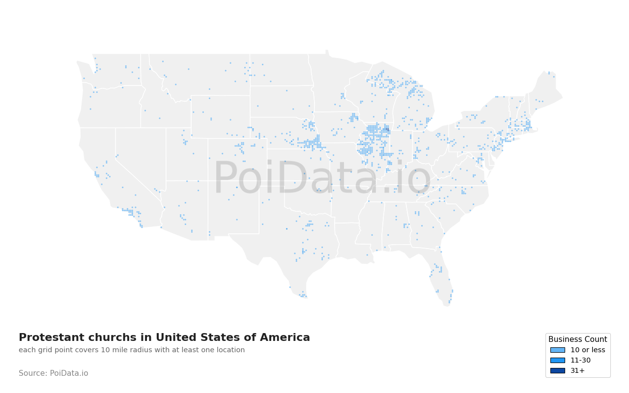 Protestant church density map for Texas, United States