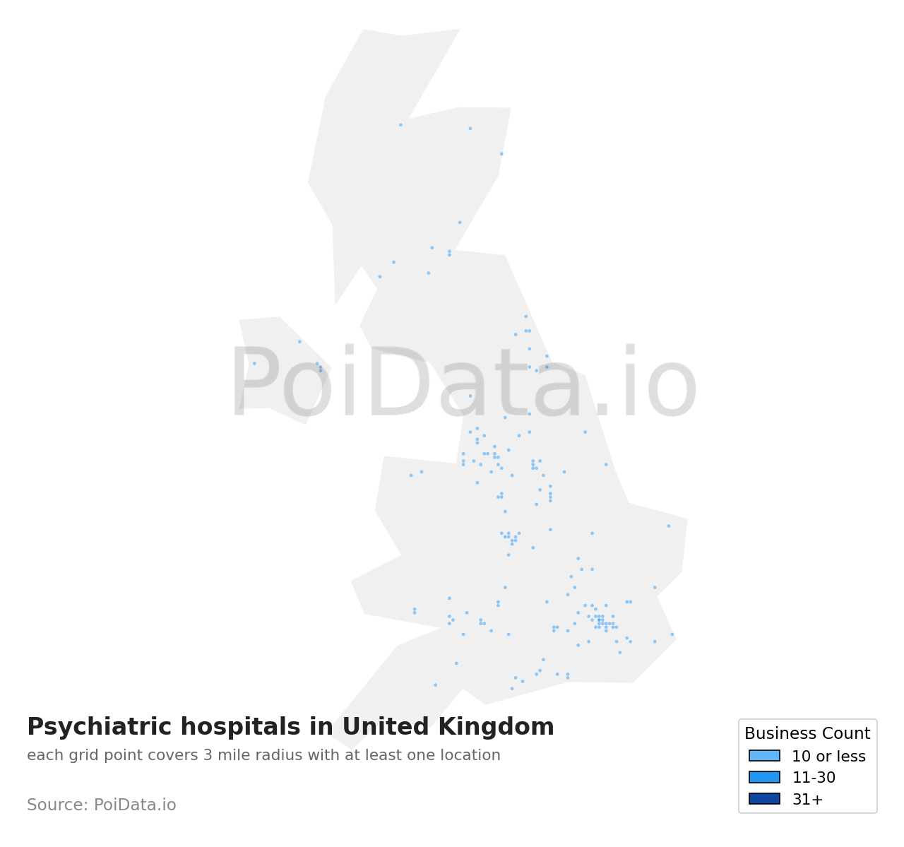 Psychiatric hospital density map for United Kingdom