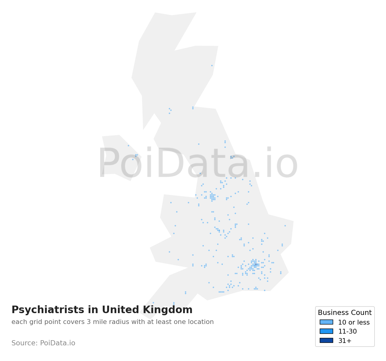 Psychiatrist density map for United Kingdom