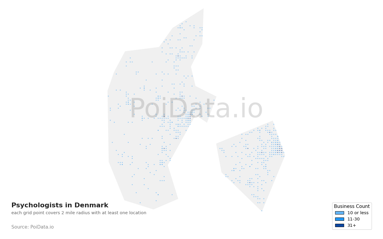 Psychologist density map for Denmark