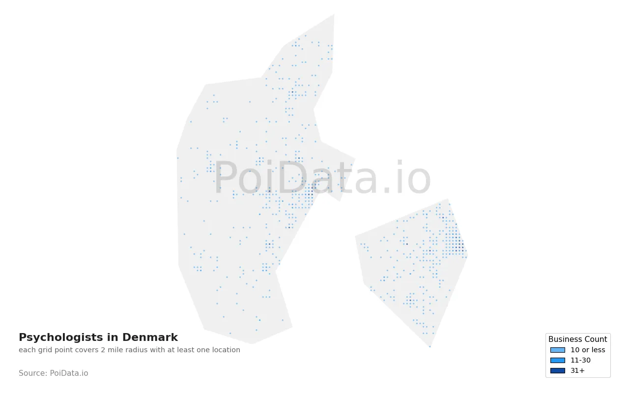 Psychologist density map for Denmark