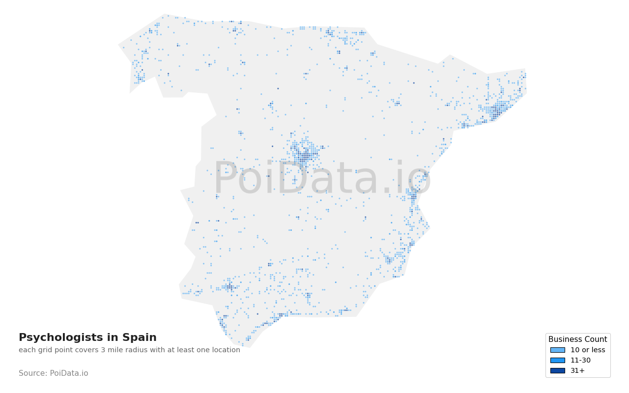Psychologist density map for Spain