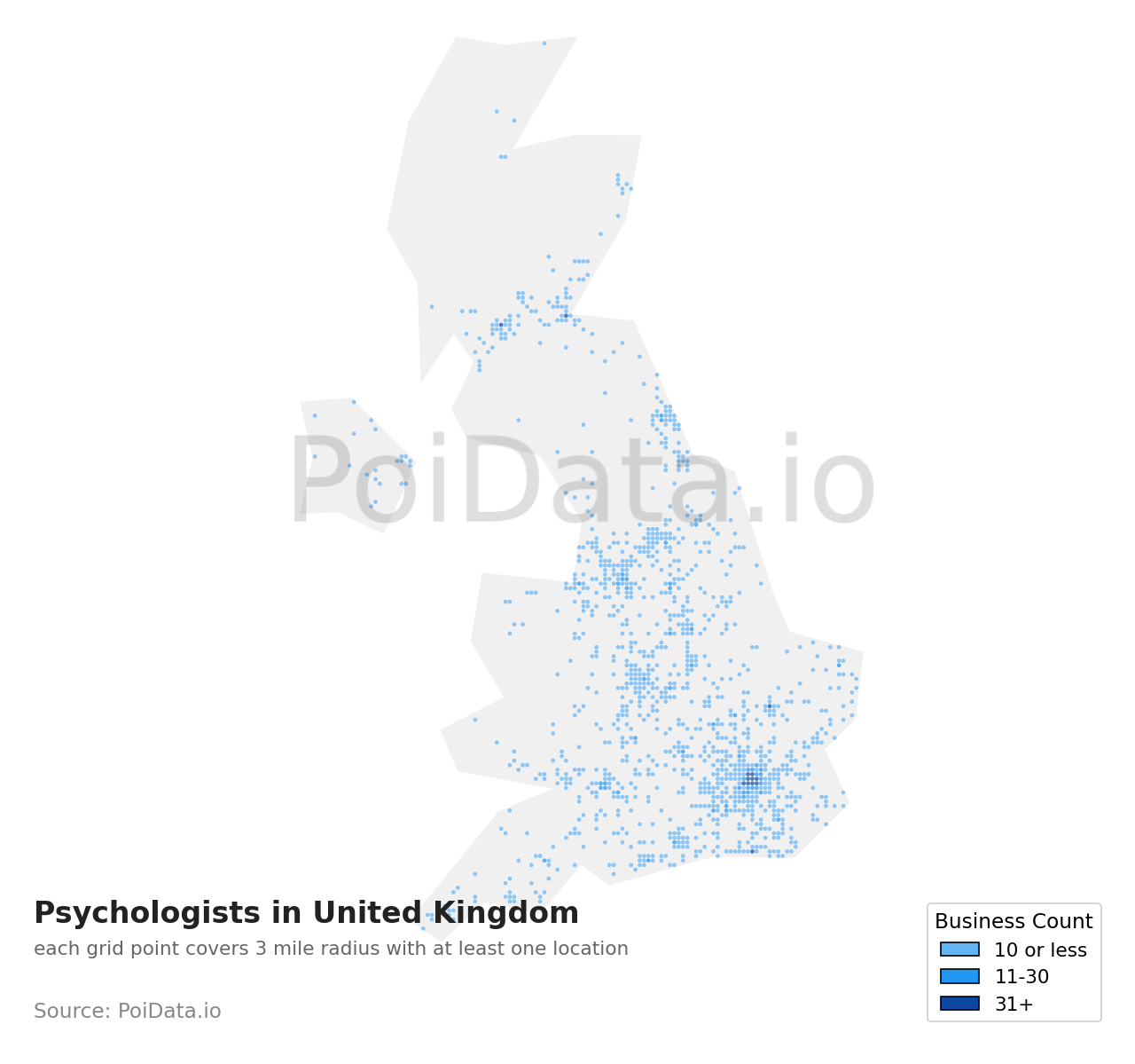 Psychologist density map for United Kingdom
