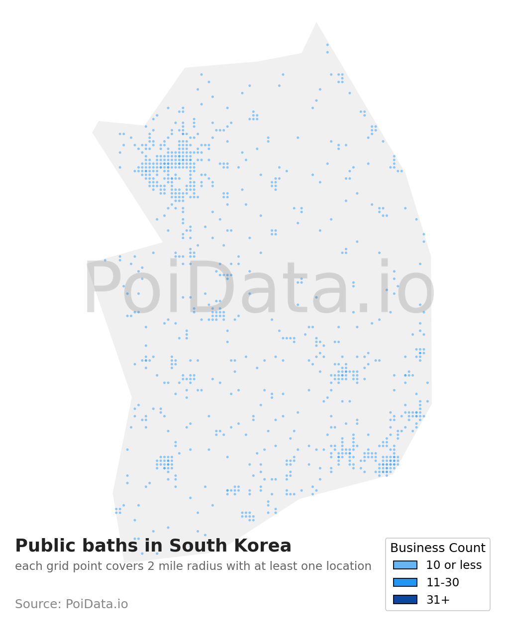 Public bath density map for South Korea