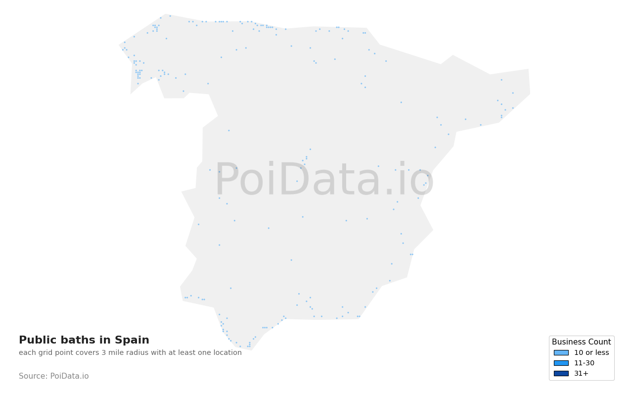 Public bath density map for Spain