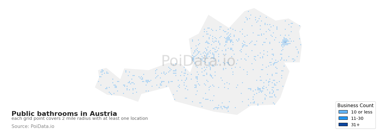 Public bathroom density map for Austria