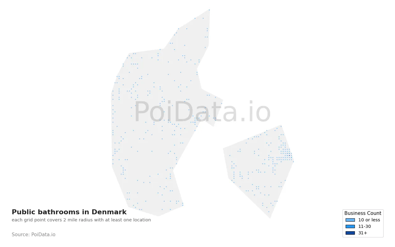 Public bathroom density map for Denmark
