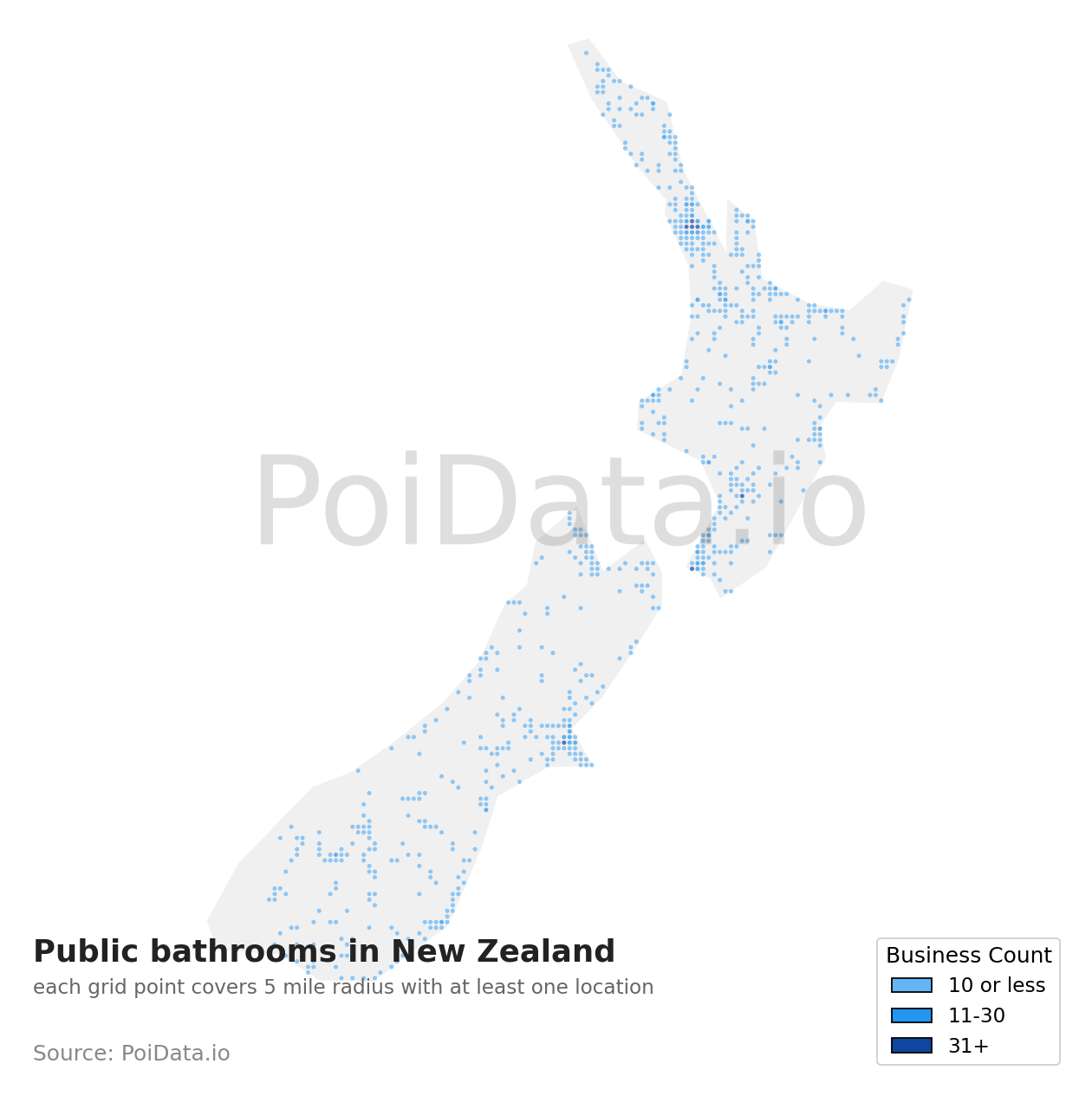 Public bathroom density map for New Zealand
