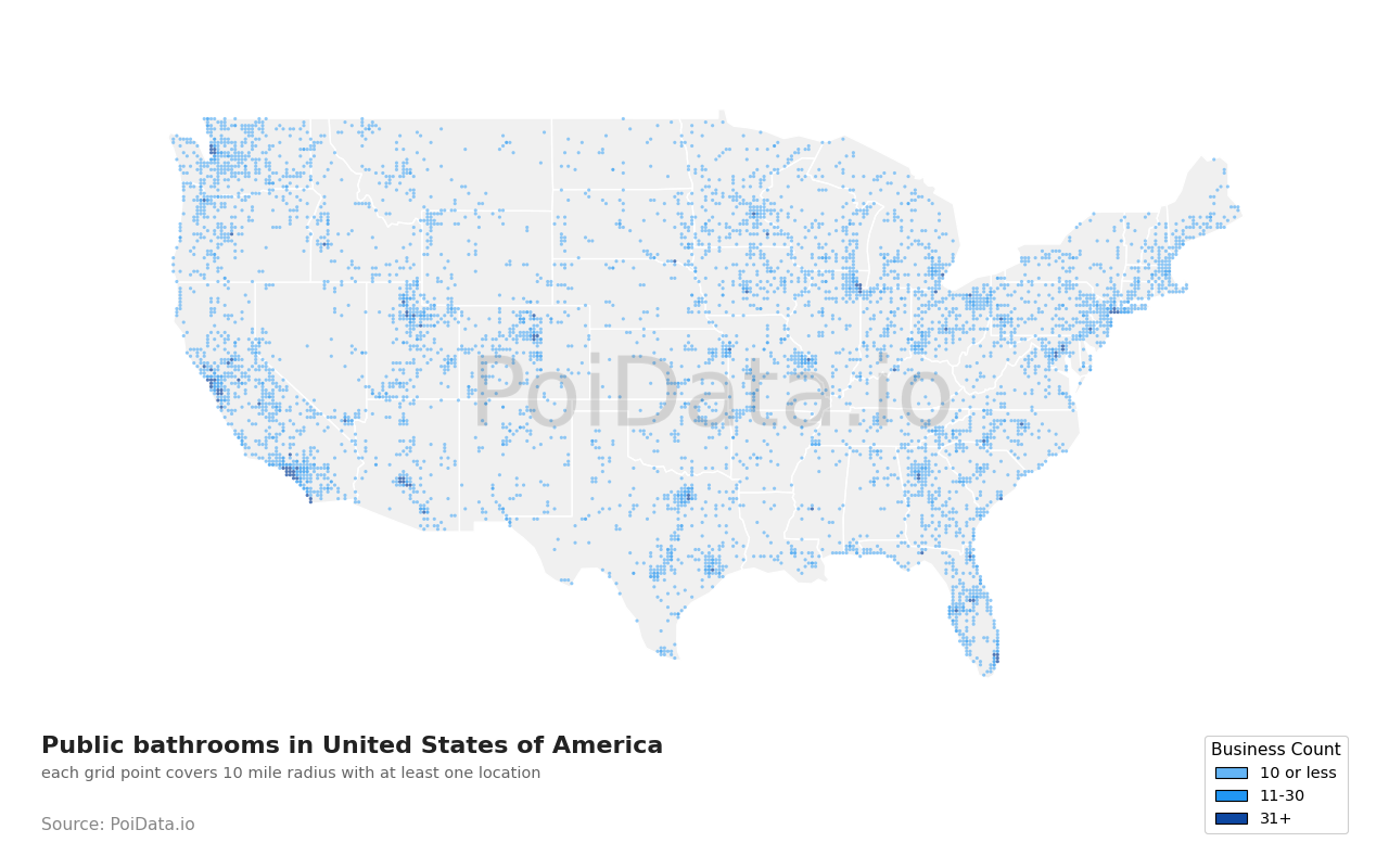 Public bathroom density map for Texas, United States